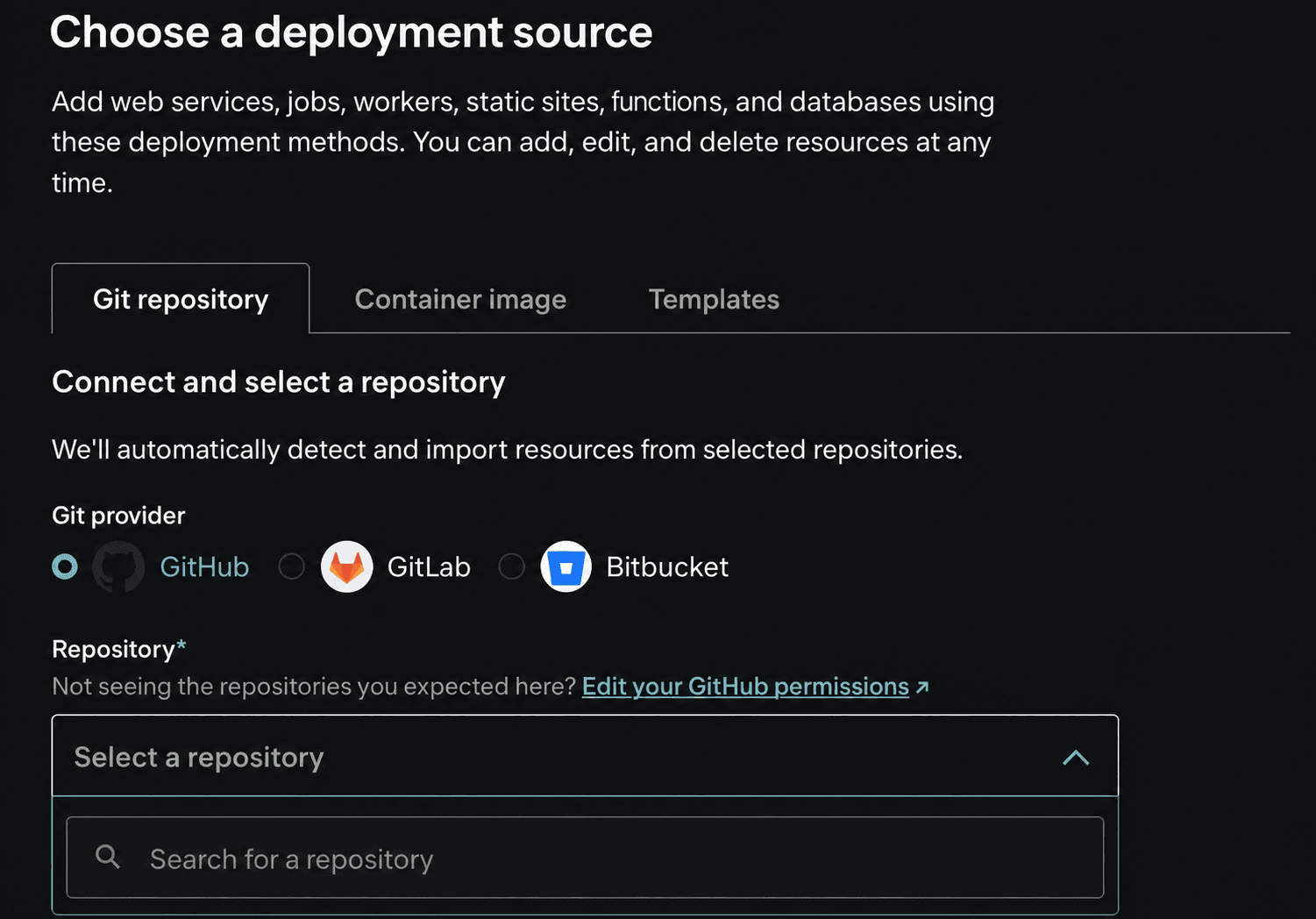 Écran de sélection de source de DigitalOcean App Platform avec Git repository sélectionné, GitHub comme fournisseur et le sélecteur de dépôt ouvert.