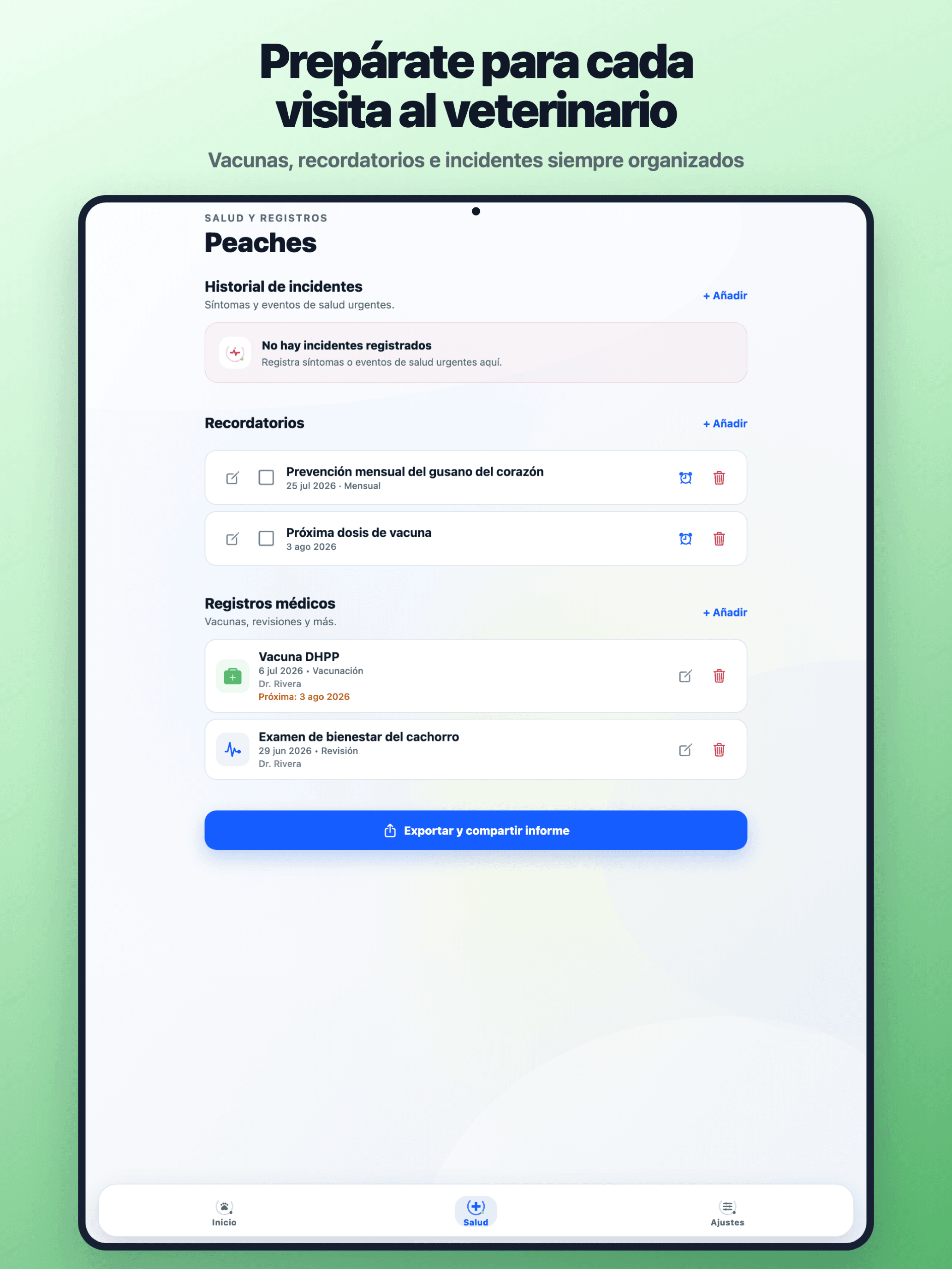 Registros de salud de PuppyOnTrack en iPad