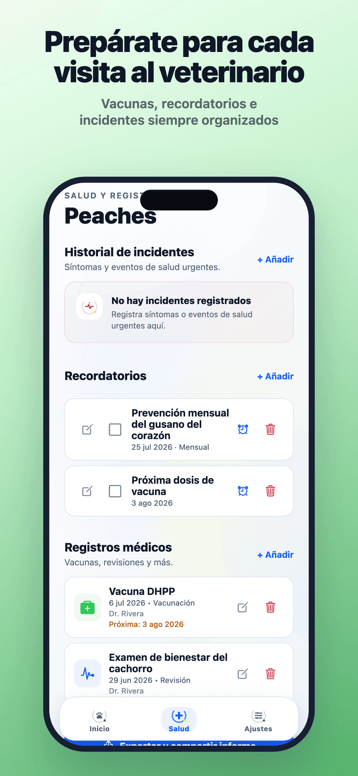 Registros de salud de PuppyOnTrack en iPhone