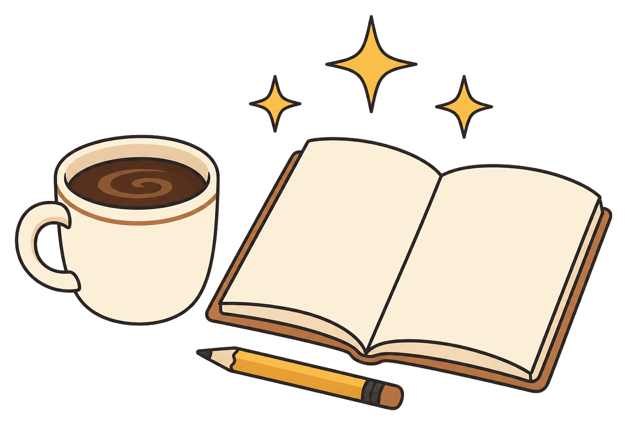 Coffee beside a notebook of product ideas