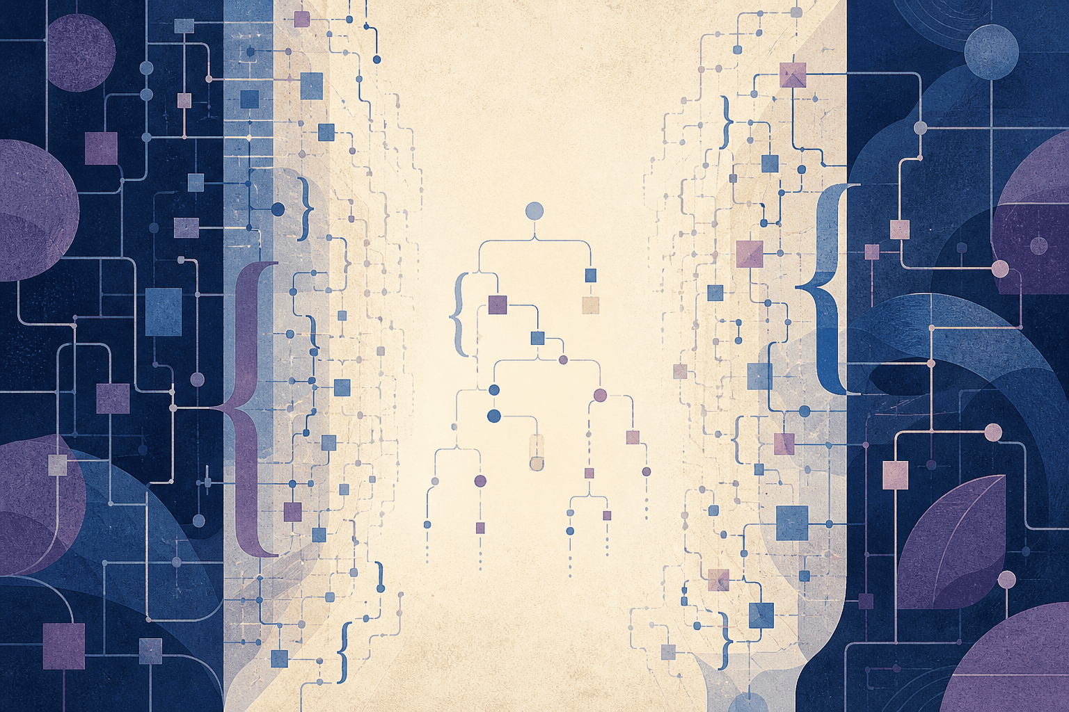 Editorial illustration of a large JSON tree opening into a readable view