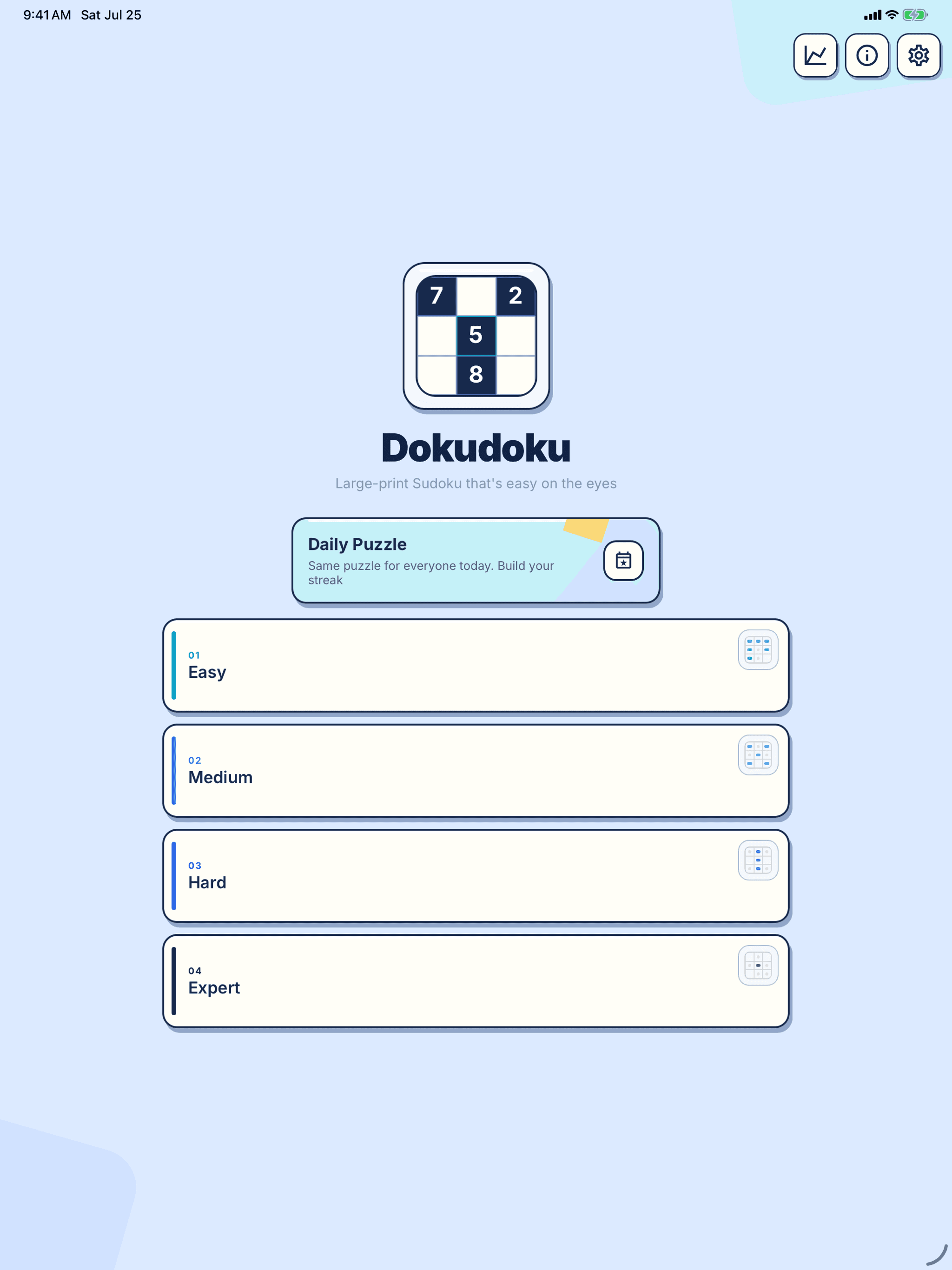 DokuDoku main menu on iPad with daily puzzle and difficulty choices