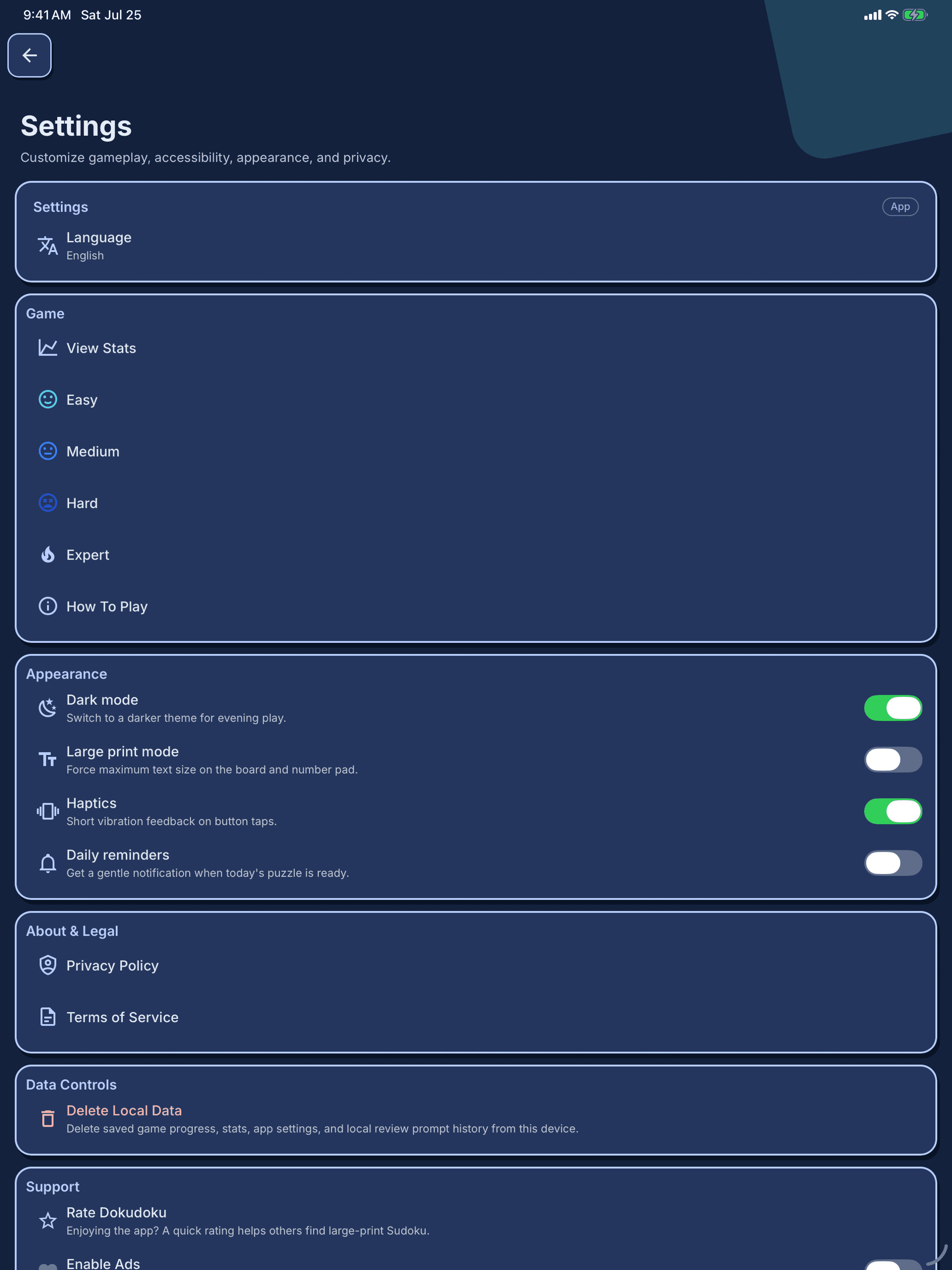 DokuDoku accessibility and appearance settings on iPad