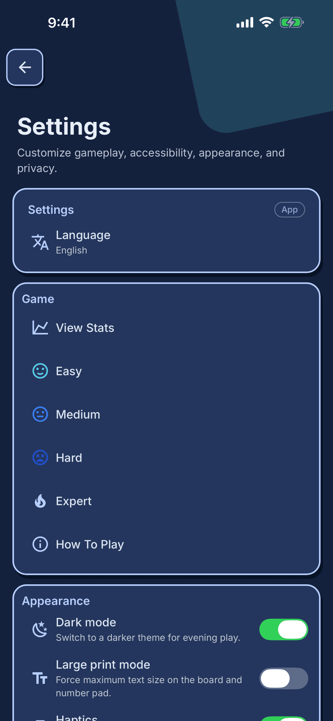 DokuDoku settings on iPhone with language, dark mode, and large print options