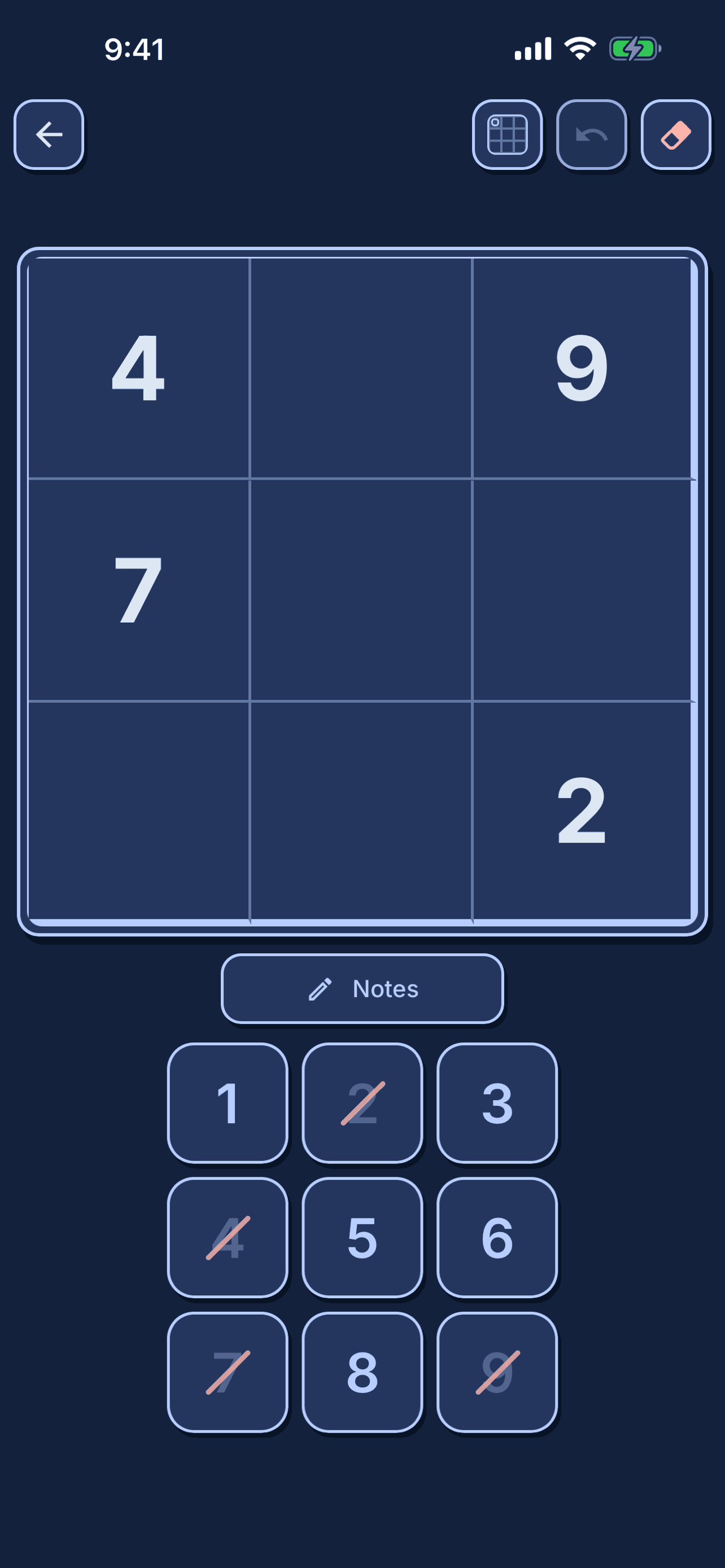 DokuDoku zoomed three-by-three section and large number entry buttons on iPhone