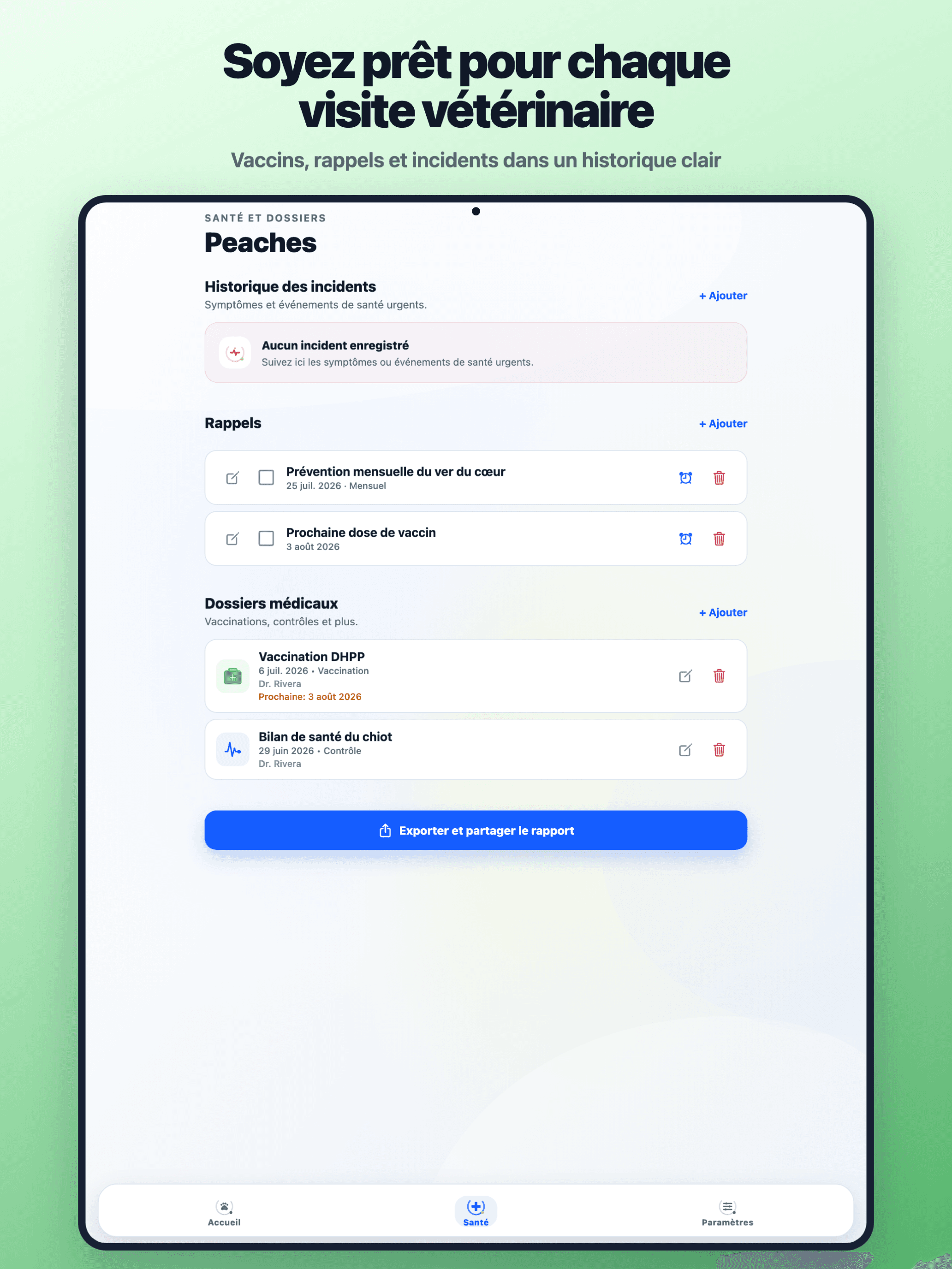 Dossiers de santé PuppyOnTrack sur iPad