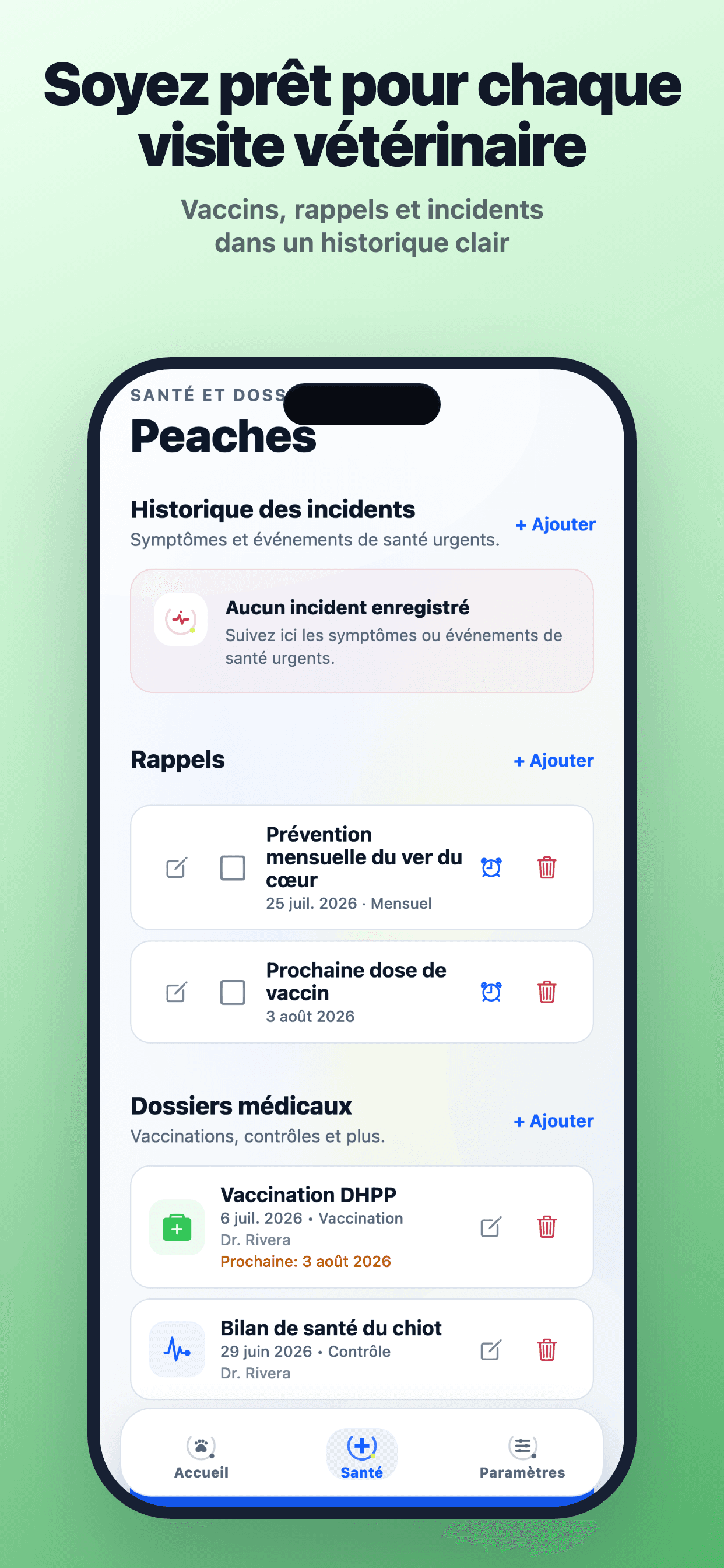 Dossiers de santé PuppyOnTrack sur iPhone