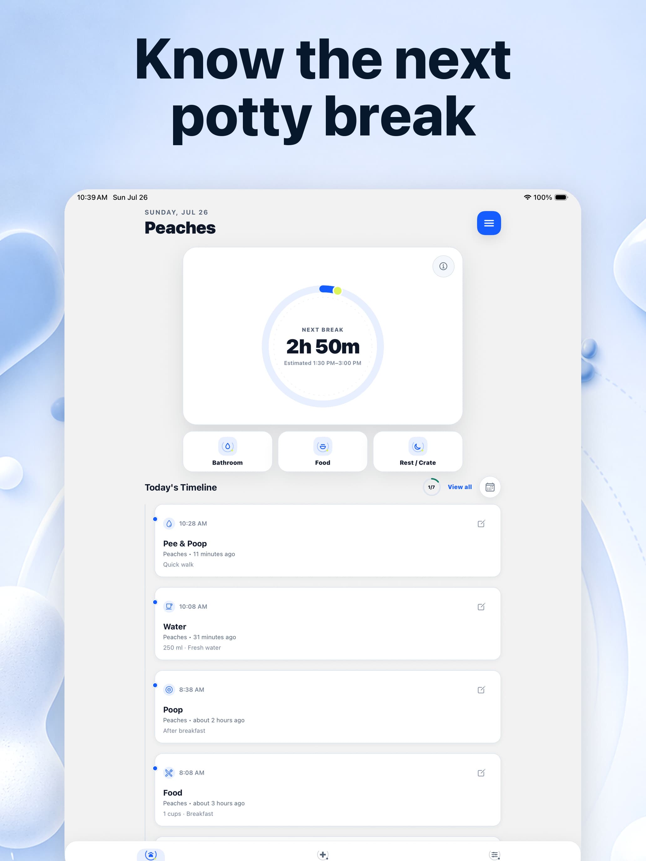 PuppyOnTrack dashboard on iPad with predictions, quick actions, and daily timeline