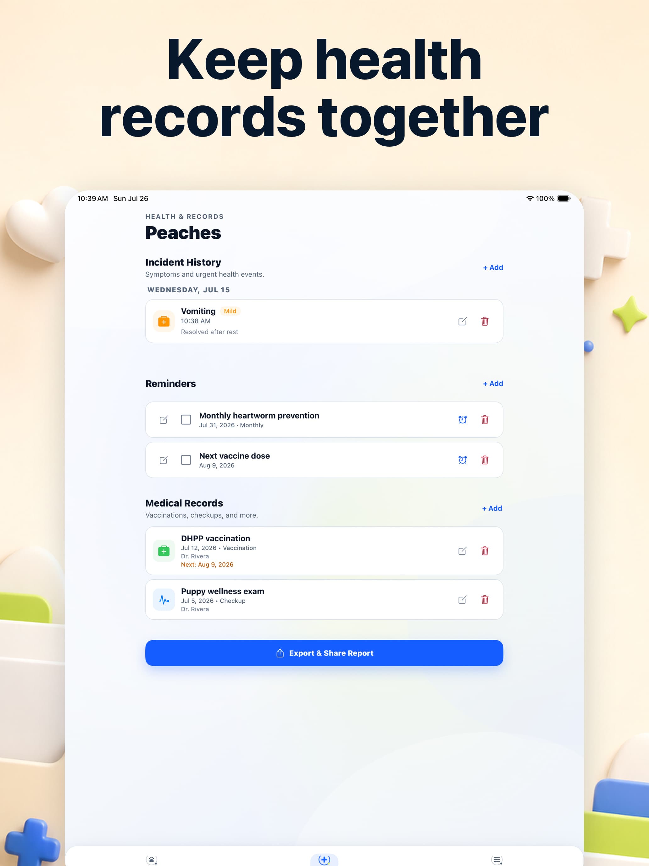 PuppyOnTrack health screen on iPad with incidents, reminders, and medical records