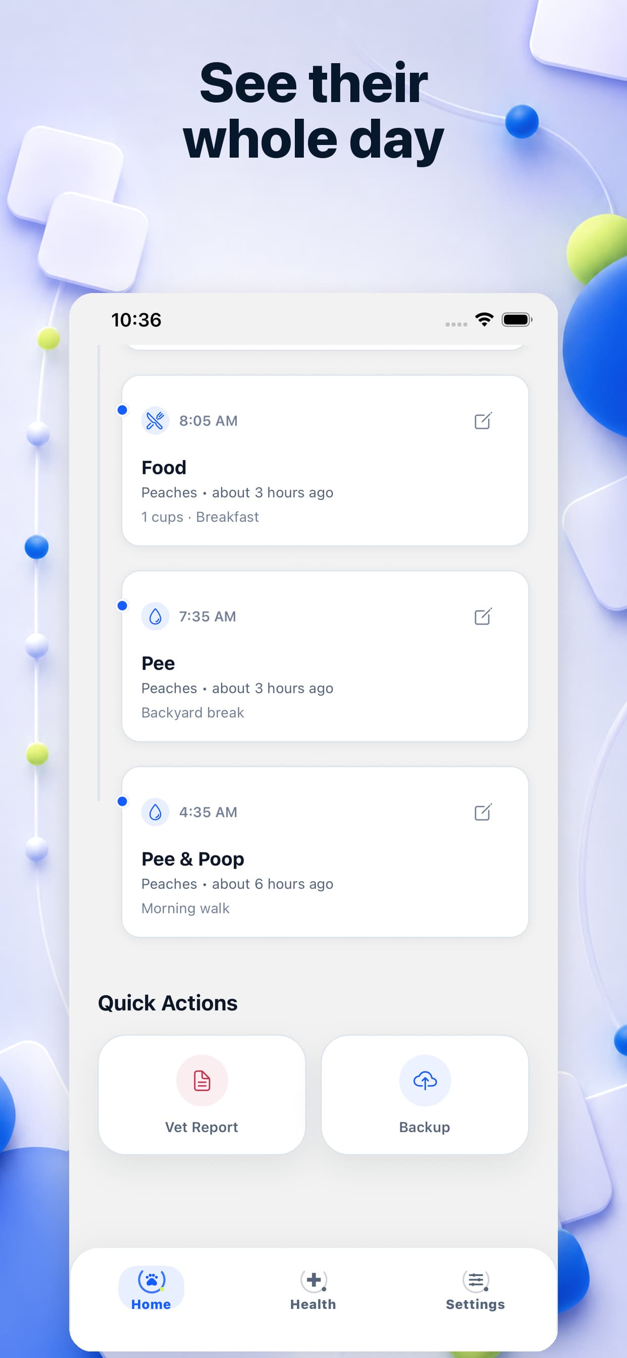 PuppyOnTrack daily timeline on iPhone showing bathroom, food, and water activity