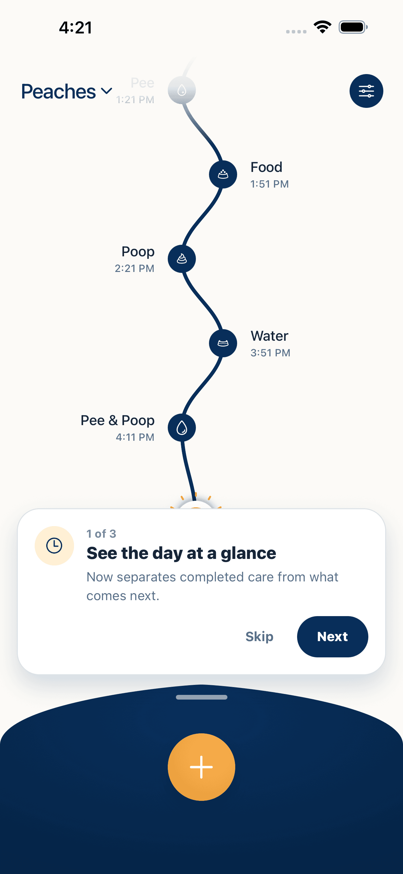 PuppyOnTrack Day Path showing completed puppy care, the current moment, and what comes next