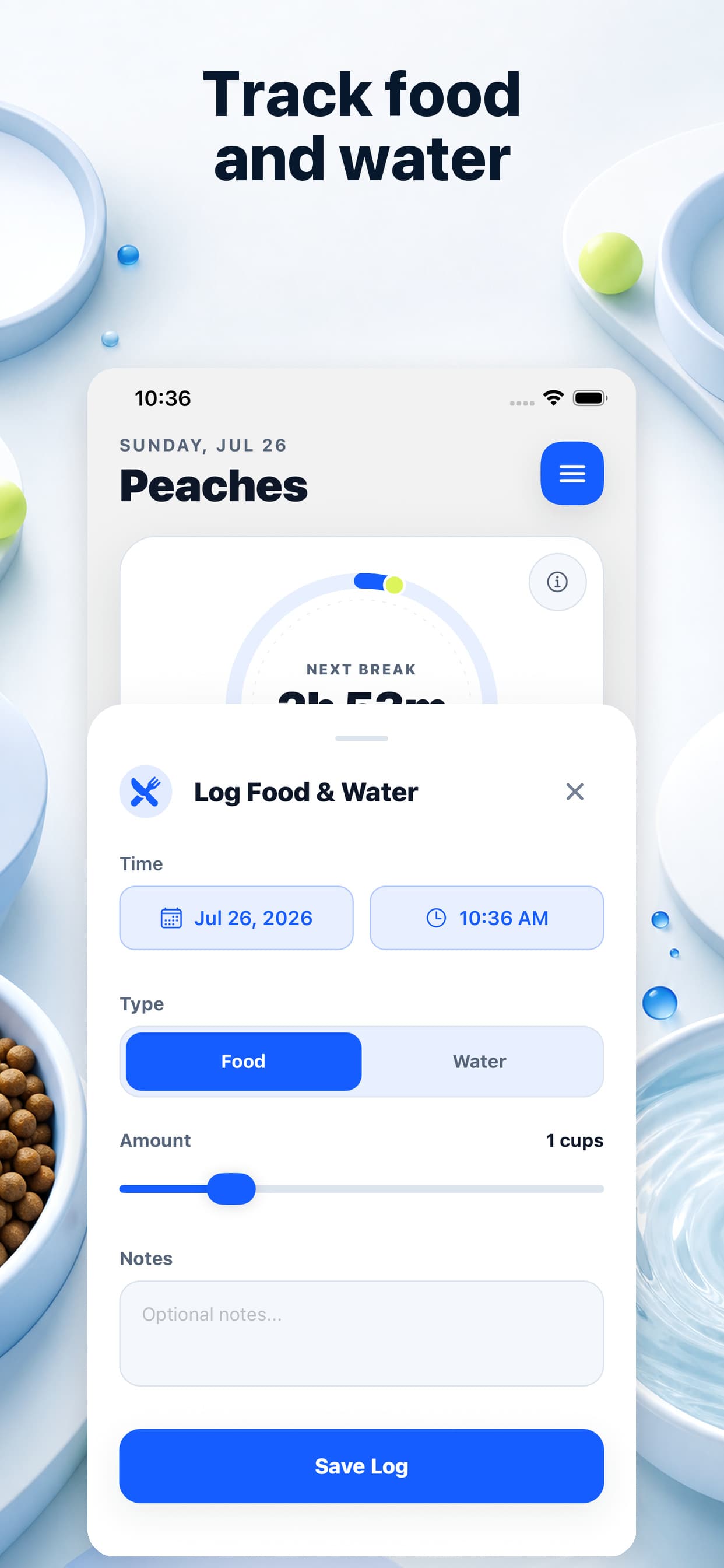 PuppyOnTrack food and water log on iPhone with portion and notes controls