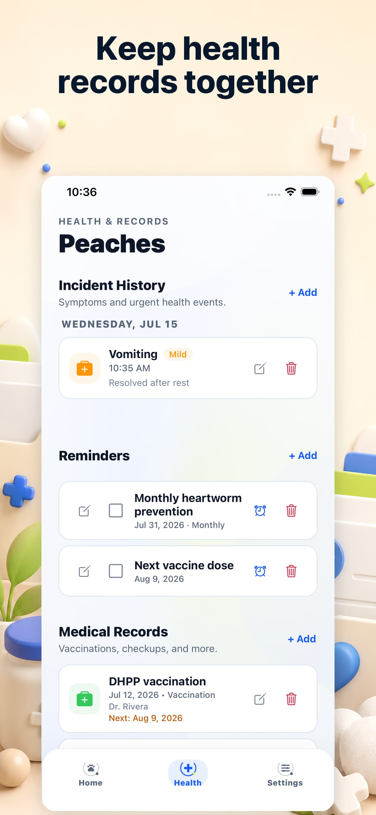 PuppyOnTrack health screen on iPhone with incidents, reminders, and medical records