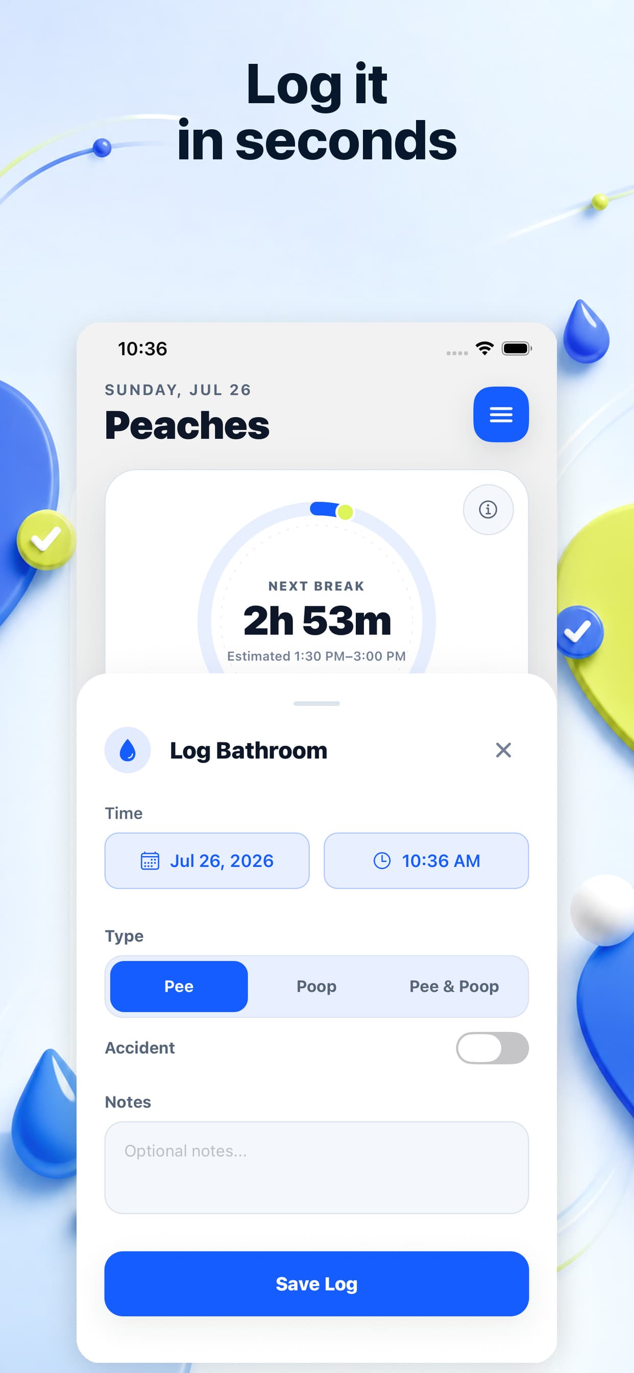 PuppyOnTrack bathroom log on iPhone with pee, poop, accident, time, and notes controls
