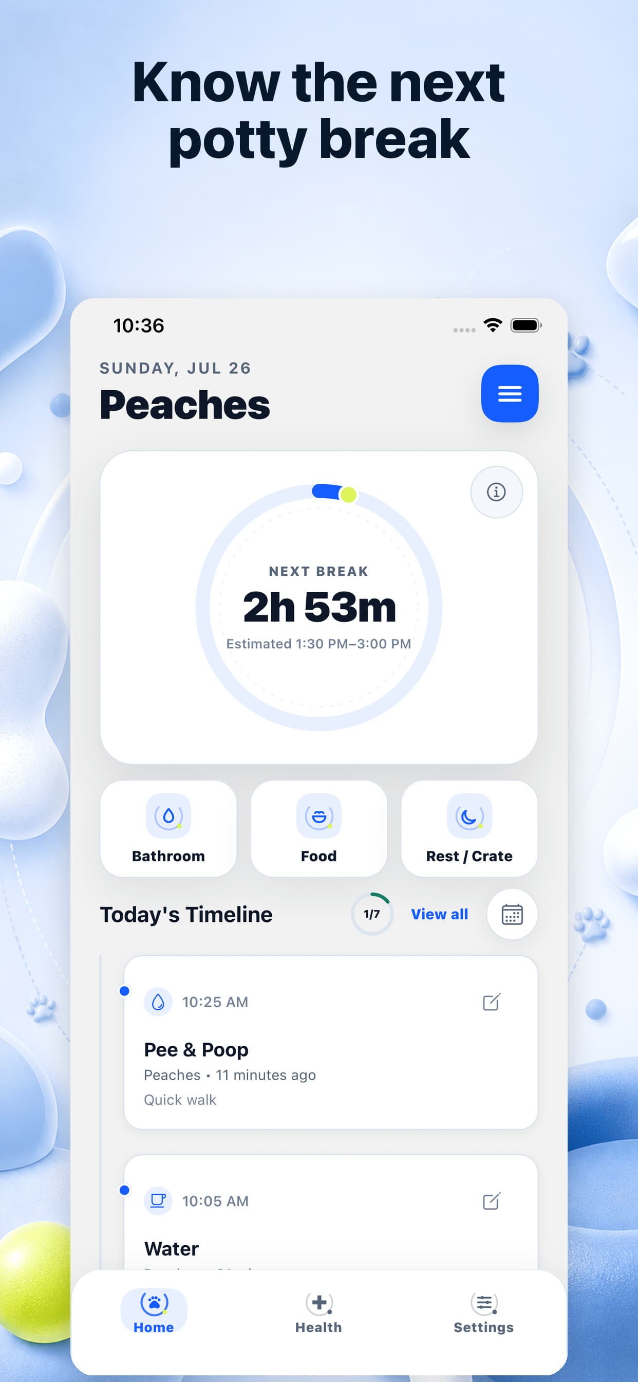 PuppyOnTrack daily dashboard with bathroom prediction and quick care actions on iPhone