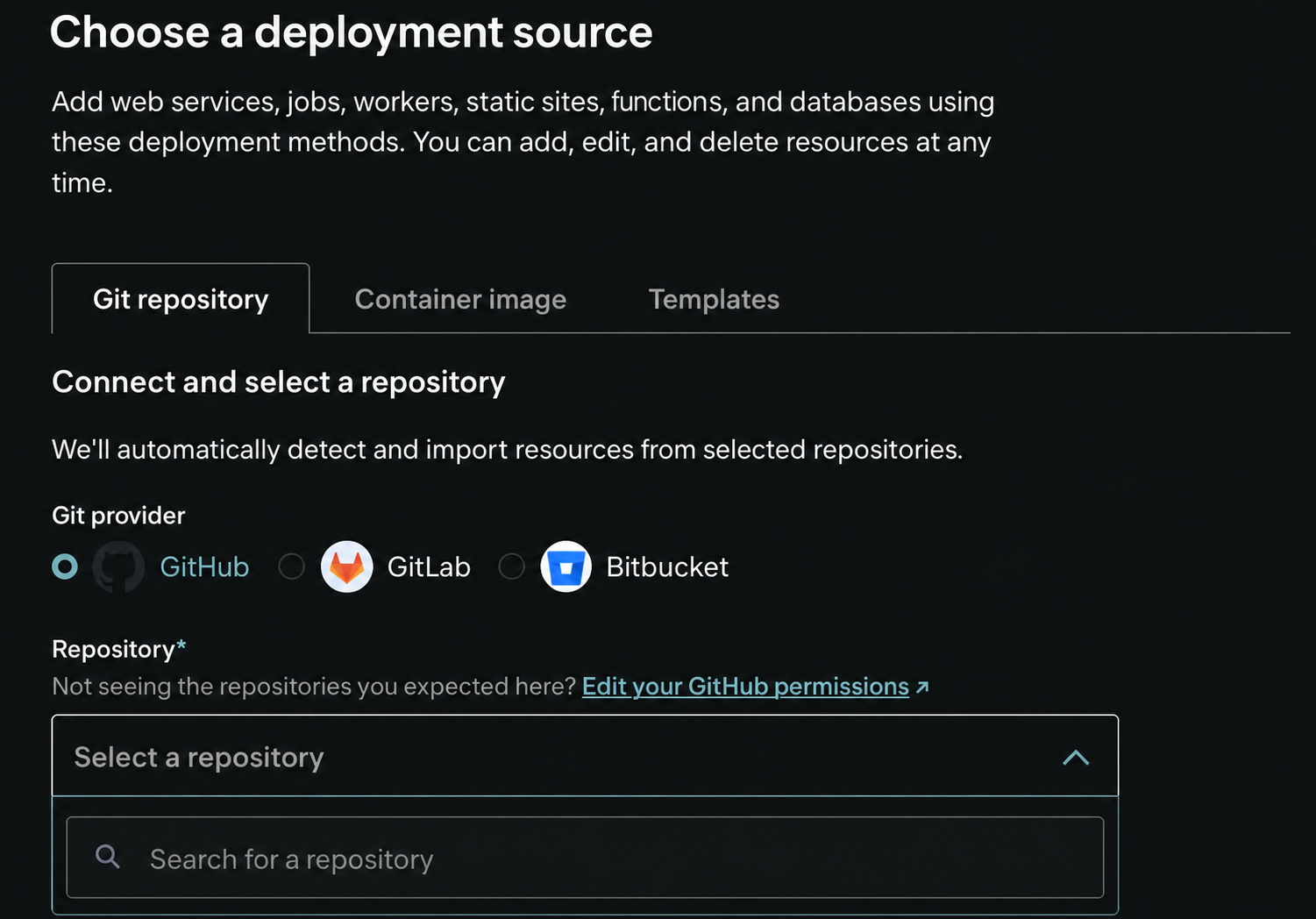 DigitalOcean App Platform source-selection screen with Git repository selected, GitHub selected as provider, and the repository picker open.